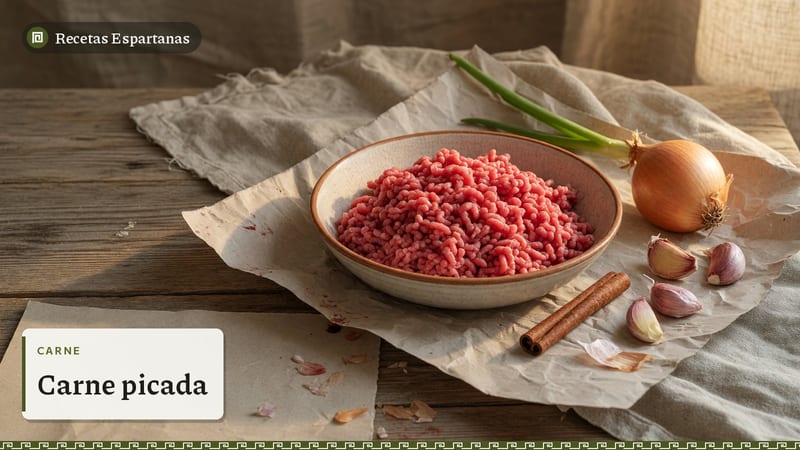 Carne picada de ternera cruda en un cuenco con cebolla y ajo, imagen de Carne picada
