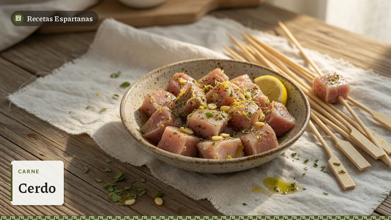 Dados de cerdo marinados con orégano y limón junto a brochetas, imagen de Cerdo