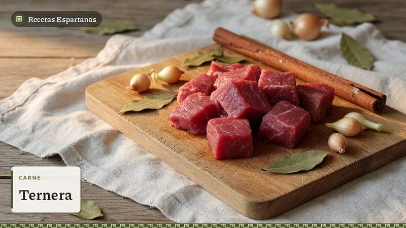 Dados de paleta de ternera cruda para guisar con cebollitas y laurel, imagen de Ternera