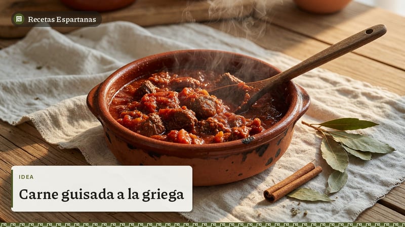 Cazuela de barro con guiso griego de ternera en salsa de tomate, imagen de Carne guisada a la griega