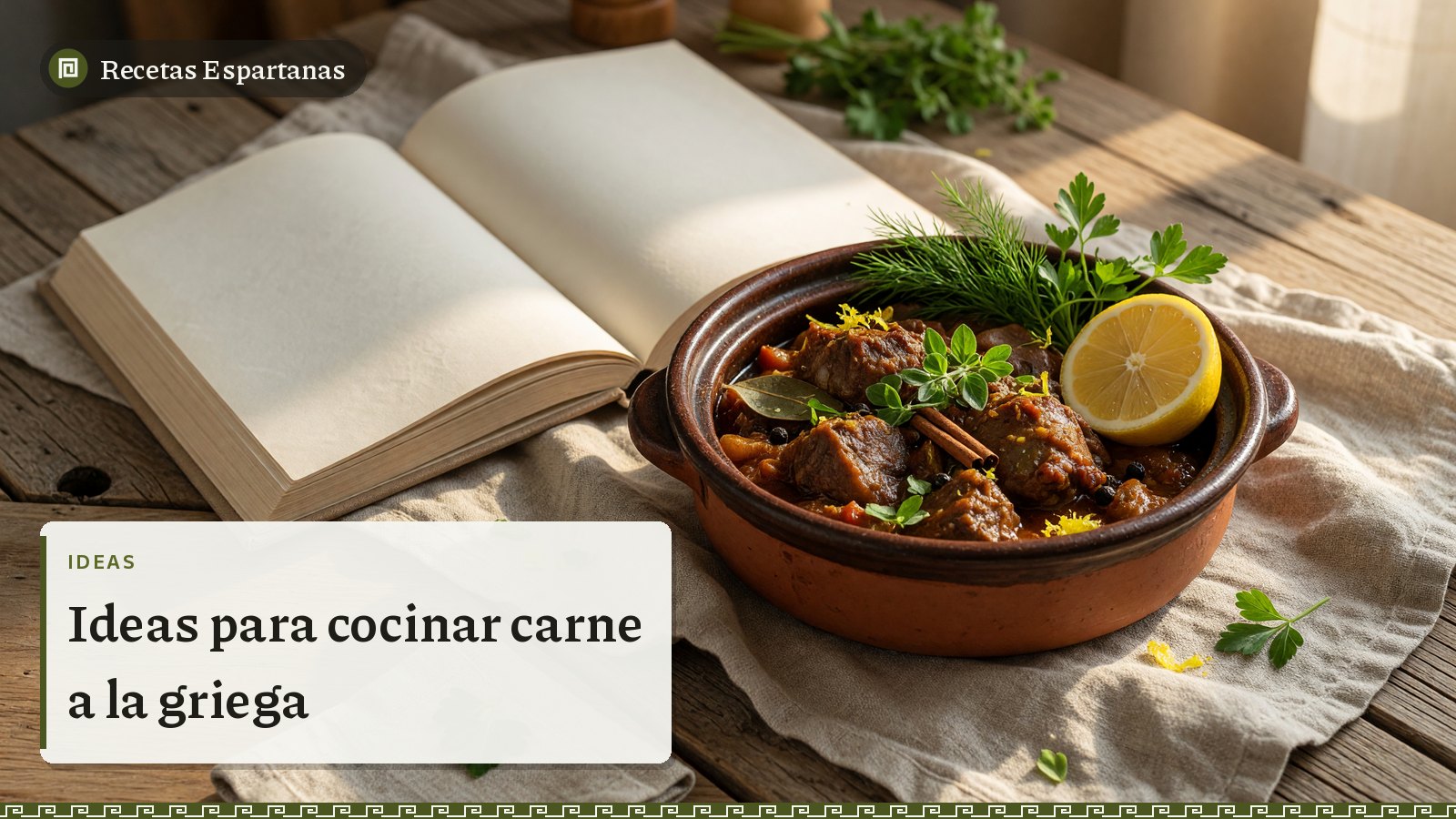 Cuaderno de cocina junto a una cazuela griega, imagen de Ideas para cocinar carne a la griega