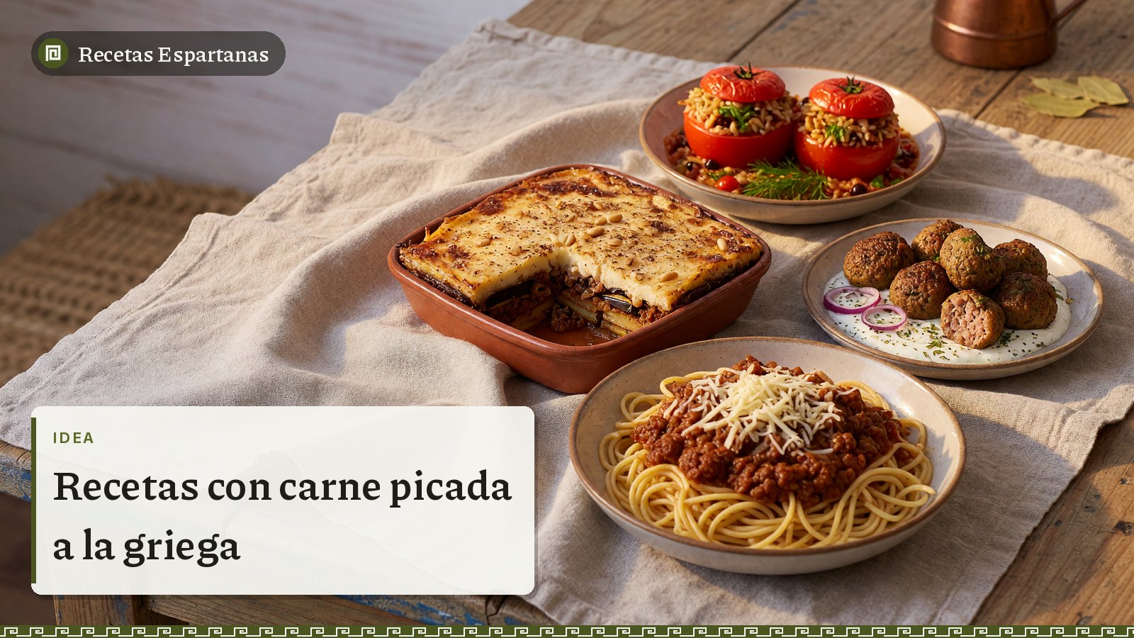Mesa con moussaka, keftedes, tomates rellenos y espaguetis con carne, imagen de Recetas con carne picada a la griega