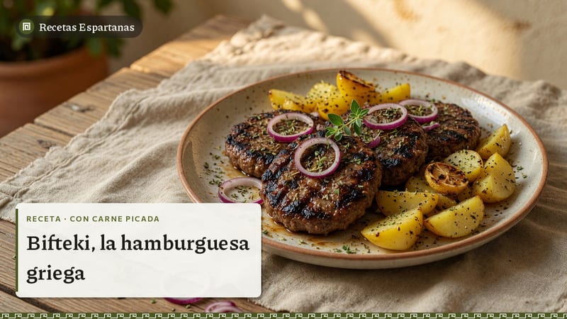 Hamburguesas griegas a la plancha con patatas al limón, imagen de la receta de Bifteki