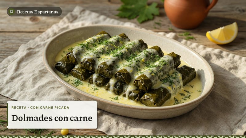 Hojas de parra rellenas de carne picada y arroz con salsa avgolemono, imagen de la receta de Dolmades