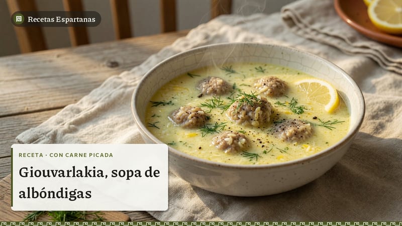 Cuenco de sopa de albóndigas y arroz con huevo y limón, imagen de la receta de Giouvarlakia