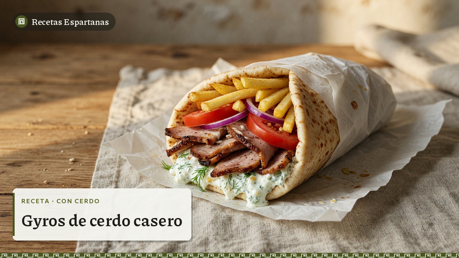 Pan de pita con lonchas de cerdo asado, tomate, cebolla y tzatziki, imagen de la receta de Gyros de cerdo