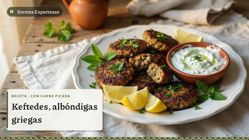 Albóndigas griegas fritas con menta, limón y tzatziki, imagen de la receta de Keftedes