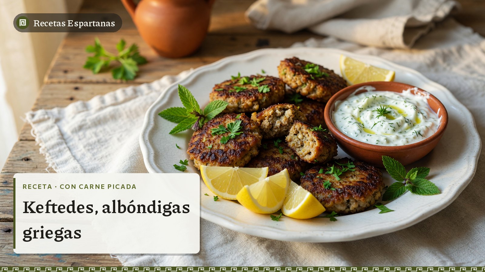 Albóndigas griegas fritas con menta, limón y tzatziki, imagen de la receta de Keftedes