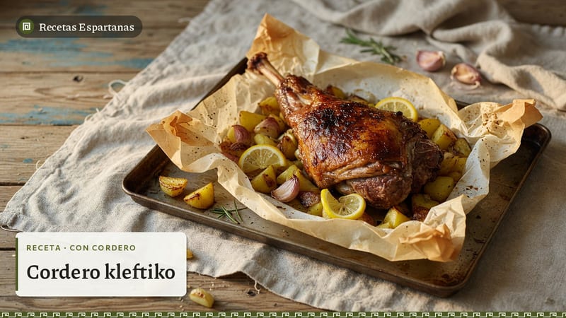 Pierna de cordero asada con patatas y limón en papel de horno, imagen de la receta de Cordero kleftiko