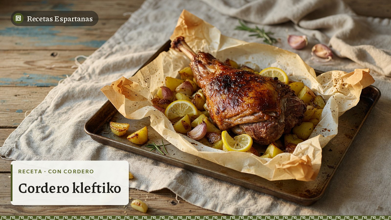 Pierna de cordero asada con patatas y limón en papel de horno, imagen de la receta de Cordero kleftiko