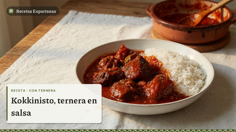 Ternera guisada en salsa de tomate con arroz, imagen de la receta de Kokkinisto