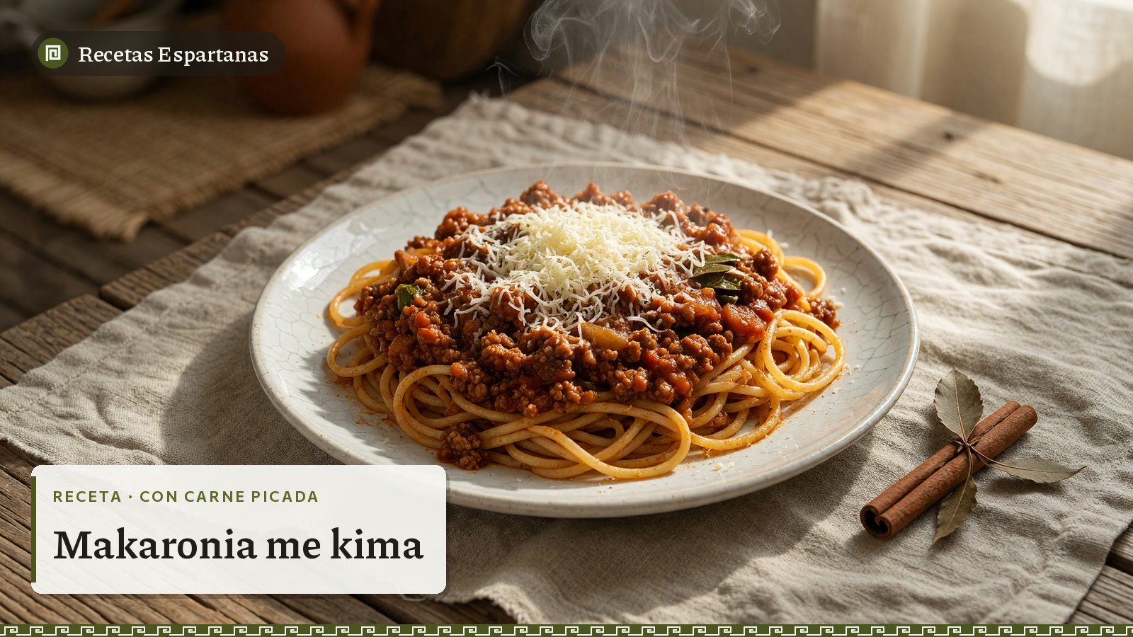Espaguetis con salsa griega de carne picada y queso rallado, imagen de la receta de Makaronia me kima