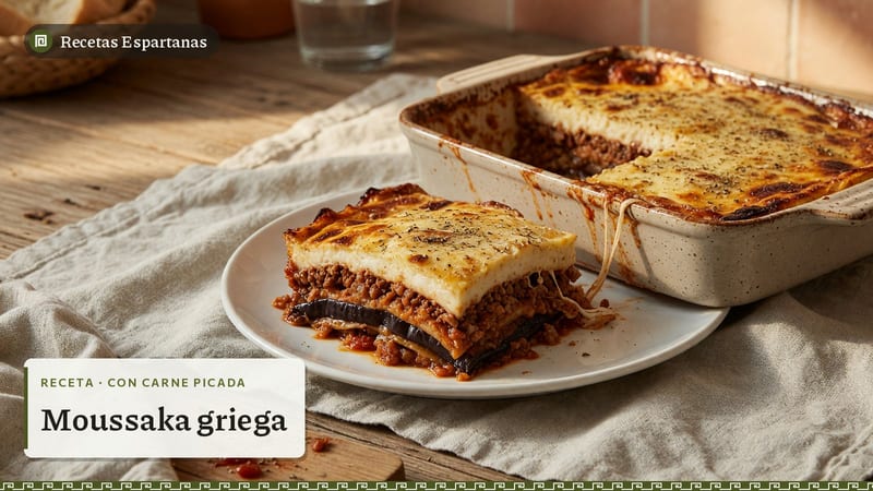 Porción de moussaka con berenjena, carne picada y bechamel gratinada, imagen de la receta de Moussaka