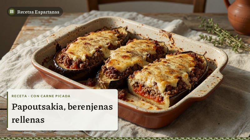 Berenjenas rellenas de carne picada con bechamel gratinada, imagen de la receta de Papoutsakia