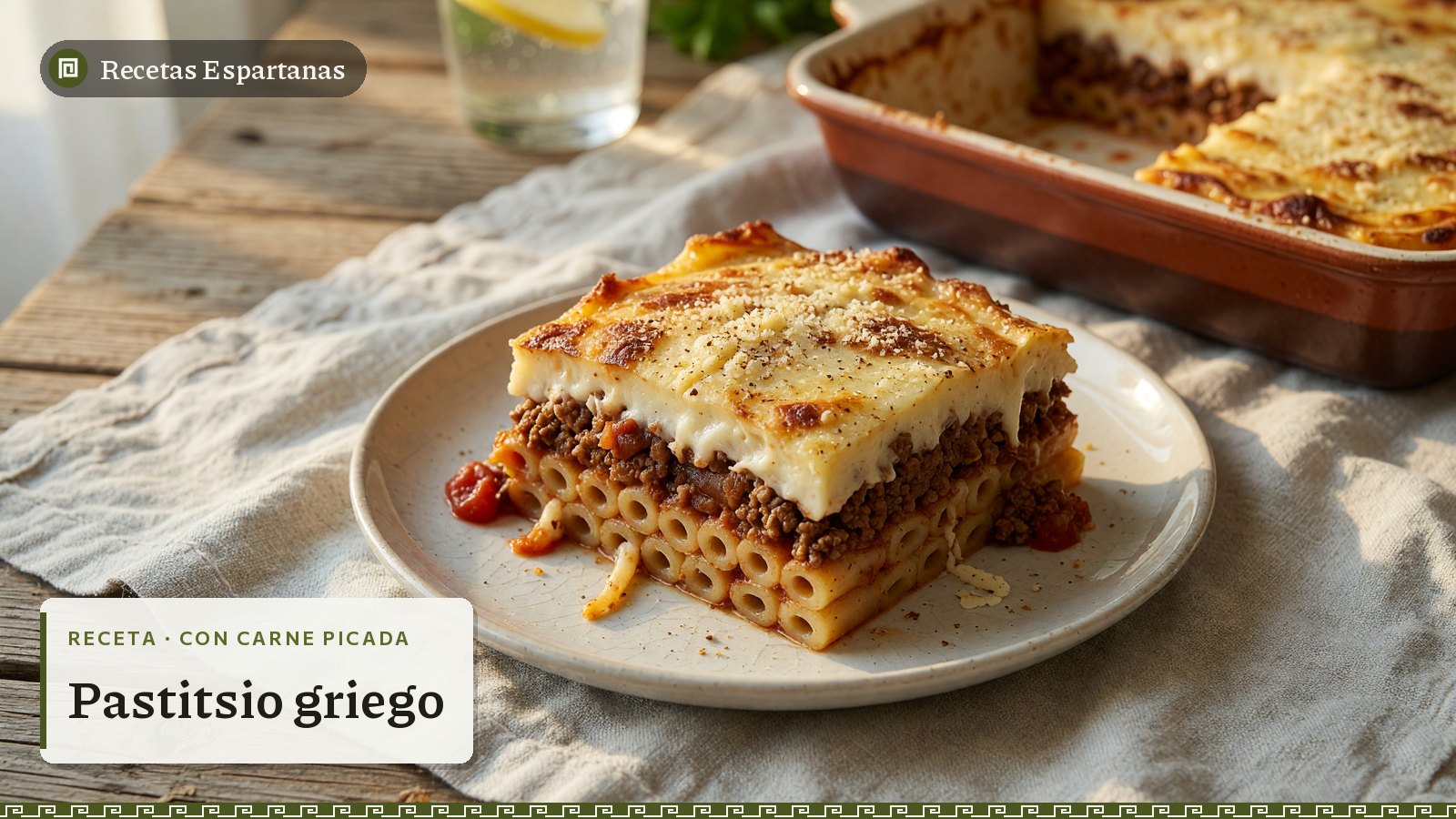 Porción de pastitsio con macarrones, carne picada y bechamel, imagen de la receta de Pastitsio