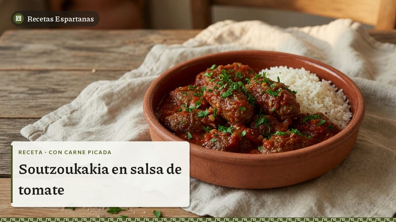 Albóndigas alargadas en salsa de tomate en una cazuela de barro, imagen de la receta de Soutzoukakia