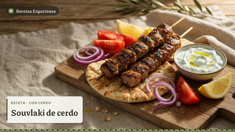 Brochetas de cerdo a la parrilla con pita, tomate y tzatziki, imagen de la receta de Souvlaki