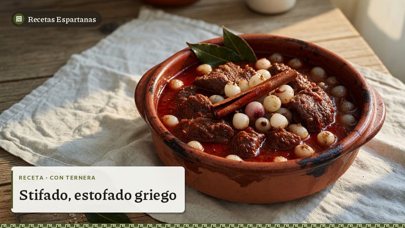 Estofado de ternera con cebollitas en una cazuela de barro, imagen de la receta de Stifado