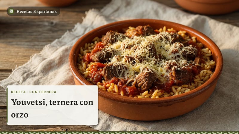 Ternera con orzo al horno en una cazuela de barro, imagen de la receta de Youvetsi